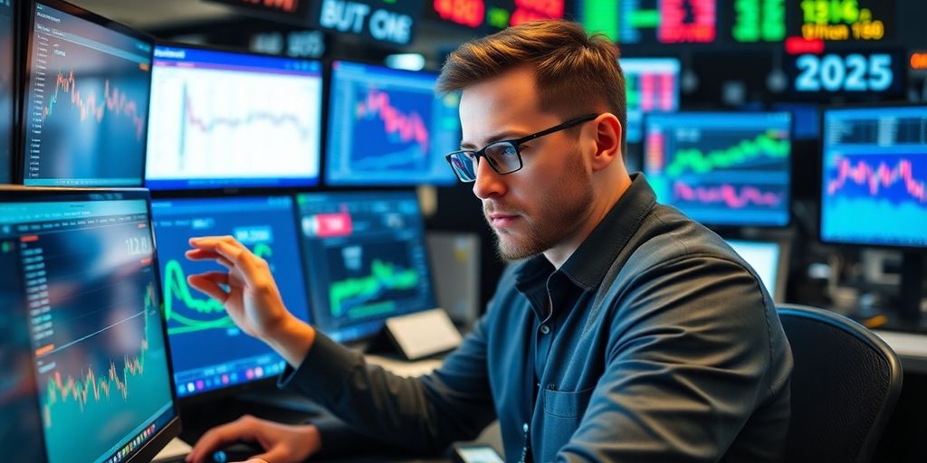 Trader analyzing data with advanced tools in a modern setting.