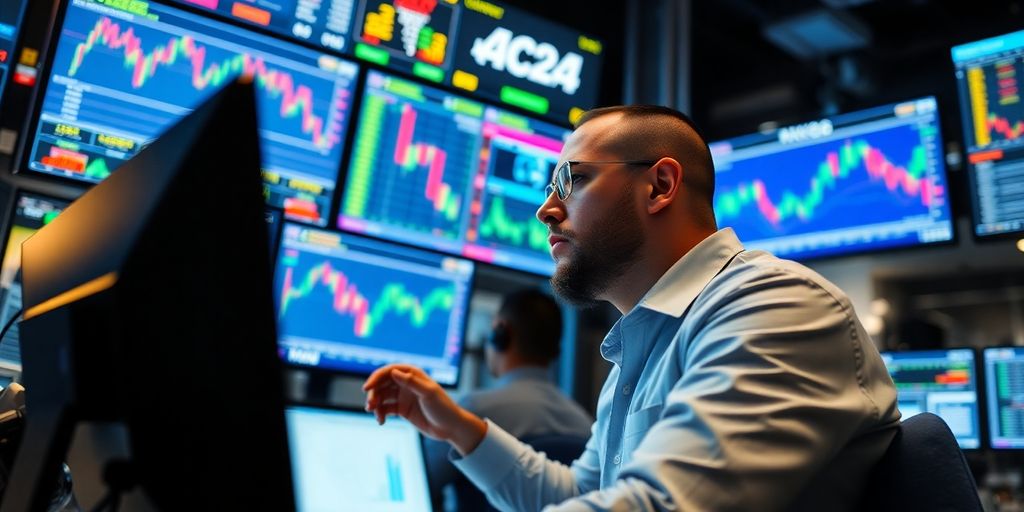 Trader analyzing charts in a busy trading environment.