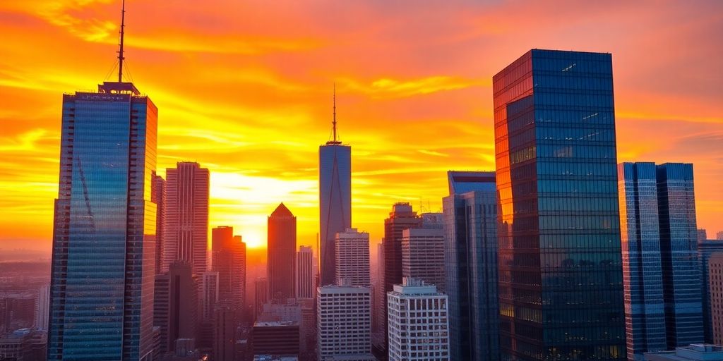 City skyline at sunset with financial buildings in focus.
