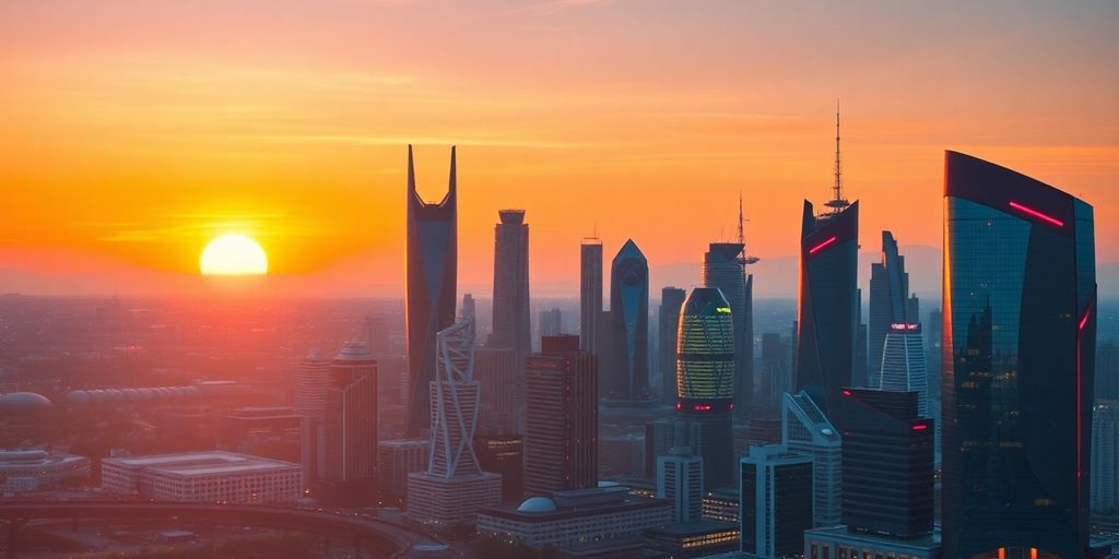 Futuristic city skyline at sunset with vibrant colors.