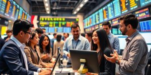 Diverse traders collaborating in a modern trading environment.