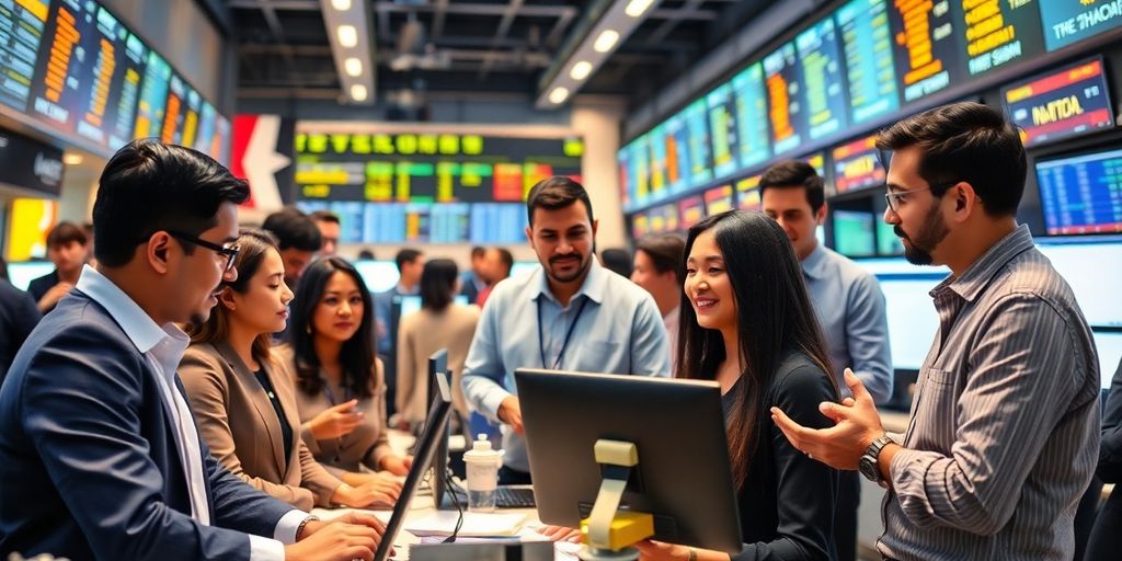 Diverse traders collaborating in a modern trading environment.