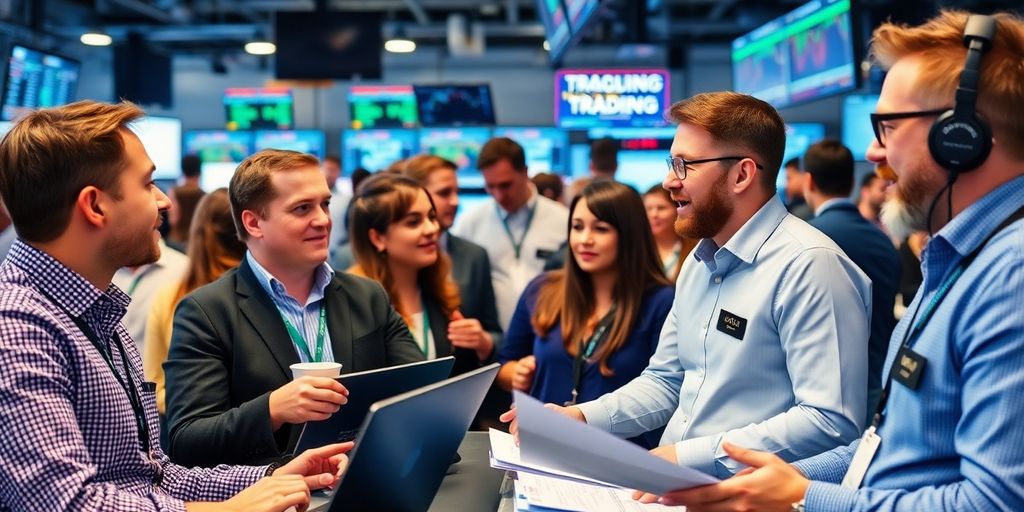 Enthusiastic traders collaborating in a lively discussion.